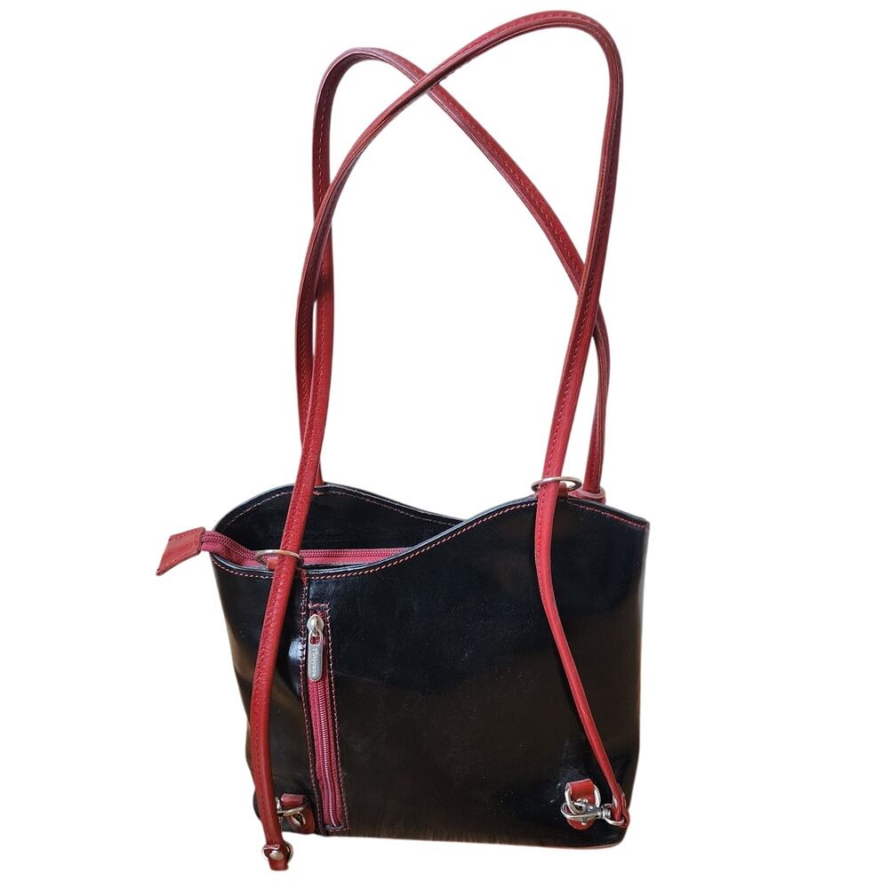 Vera Pelle Leather Purse Convertible Handbag Shoulder Bag Backpack Black Red